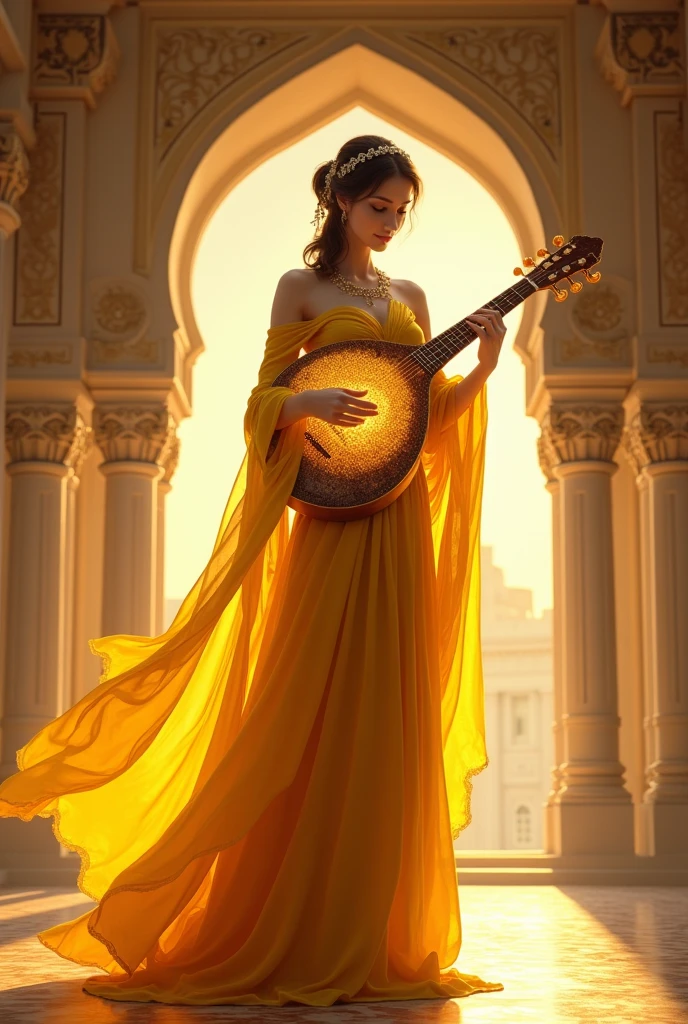 rpg artstyle, female arabic musician fantasy bard, in yellow clothes, smiling and playing a instrument full of soft yellow light. background is a large salon with high columns, there is golden sunlight hitting the columns