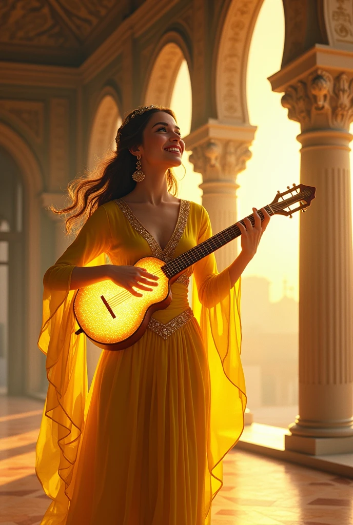 rpg artstyle, female arabic musician fantasy bard, in yellow clothes, smiling and playing a instrument full of soft yellow light. background is a large salon with high columns, there is golden sunlight hitting the columns