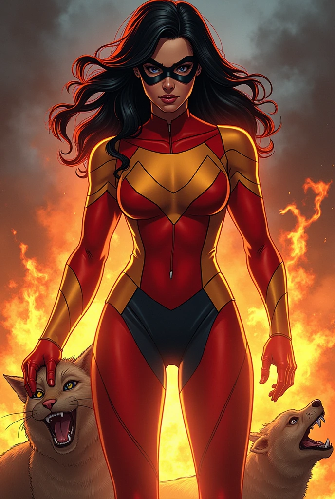 create a comic book cover that has a superhero on it, the superheroine has her red and orange outfit, black hair with red highlights, wear a mask, has the power of a fire extinguisher and is saving a frightened child and some injured animals, and the cover looks like the one in Captain America comics