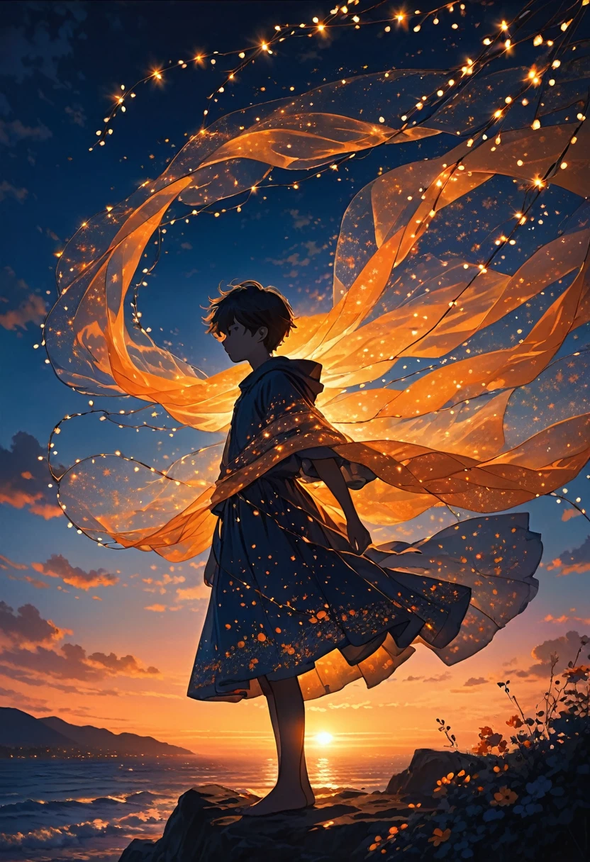 The image depicts the silhouette of a person standing against a stunning sunset backdrop. The sky transitions from a rich orange near the horizon to deep blue as it ascends. The person appears to be wrapped in a string of small, glowing fairy lights, with some of them lit up, creating an ethereal and captivating contrast against the dark silhouette. The person seems to be holding up one arm, perhaps adjusting or interacting with the lights. The overall mood of the image is peaceful and enchanting.boy