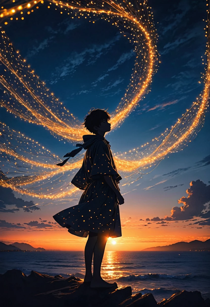 The image depicts the silhouette of a person standing against a stunning sunset backdrop. The sky transitions from a rich orange near the horizon to deep blue as it ascends. The person appears to be wrapped in a string of small, glowing fairy lights, with some of them lit up, creating an ethereal and captivating contrast against the dark silhouette. The person seems to be holding up one arm, perhaps adjusting or interacting with the lights. The overall mood of the image is peaceful and enchanting.boy