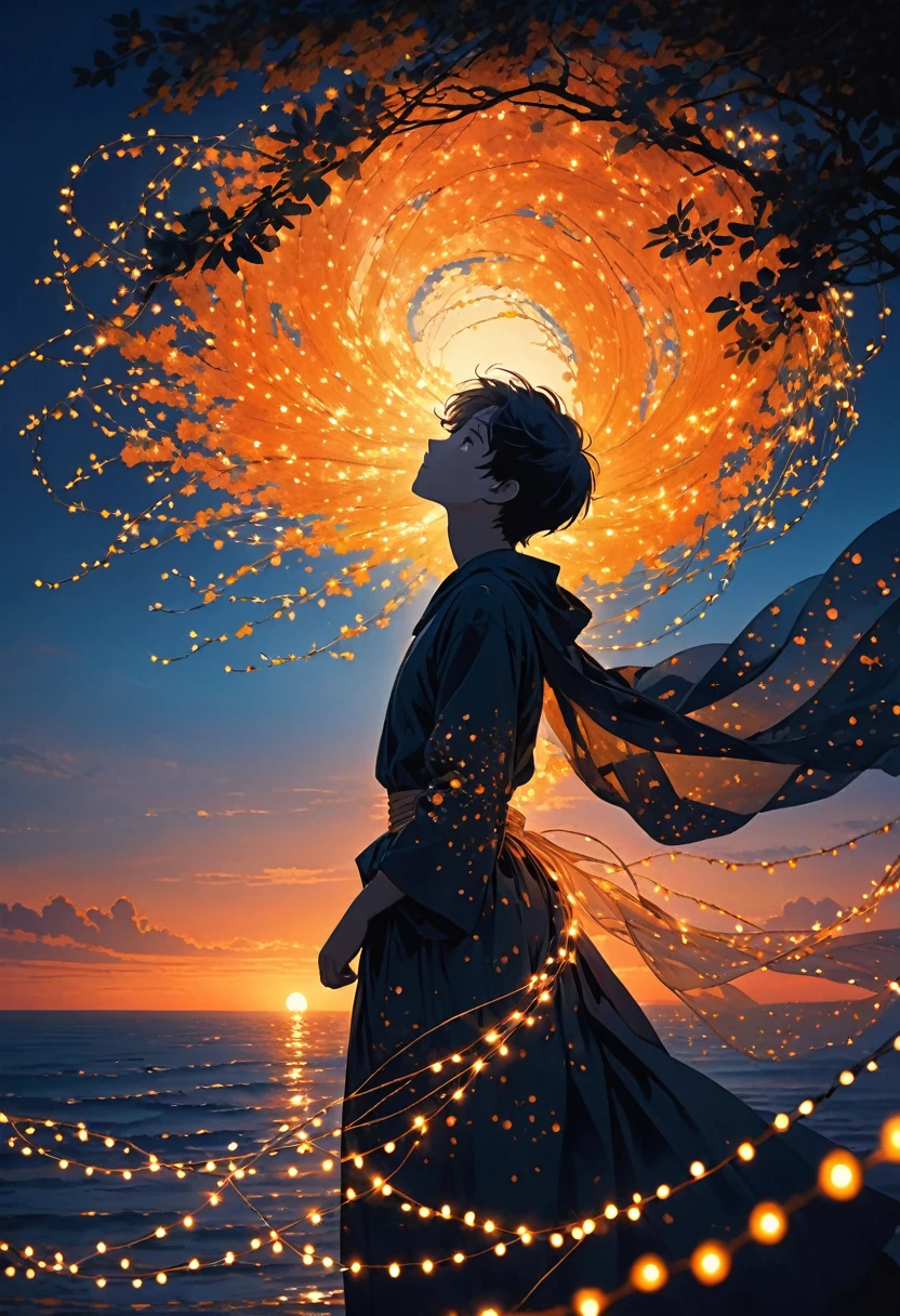 The image depicts the silhouette of a person standing against a stunning sunset backdrop. The sky transitions from a rich orange near the horizon to deep blue as it ascends. The person appears to be wrapped in a string of small, glowing fairy lights, with some of them lit up, creating an ethereal and captivating contrast against the dark silhouette. The person seems to be holding up one arm, perhaps adjusting or interacting with the lights. The overall mood of the image is peaceful and enchanting.boy