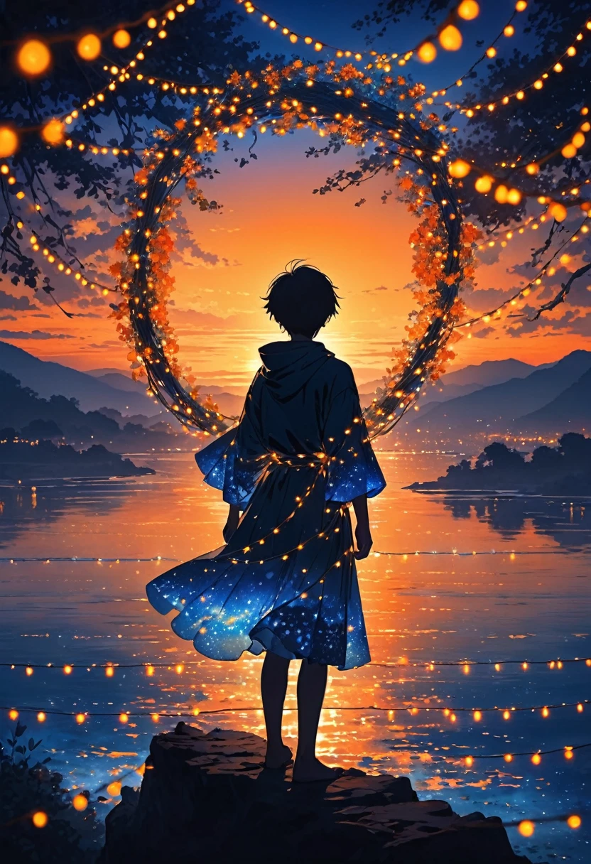 The image depicts the silhouette of a person standing against a stunning sunset backdrop. The sky transitions from a rich orange near the horizon to deep blue as it ascends. The person appears to be wrapped in a string of small, glowing fairy lights, with some of them lit up, creating an ethereal and captivating contrast against the dark silhouette. The person seems to be holding up one arm, perhaps adjusting or interacting with the lights. The overall mood of the image is peaceful and enchanting.boy