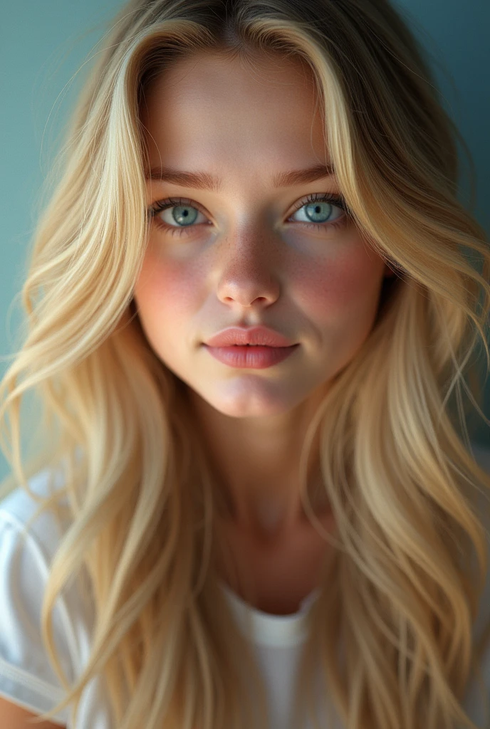  blonde girl with blue eyes, with long, loose hair, with converse shoes