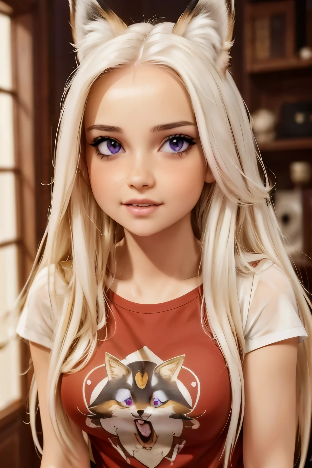 1 Girl, Medium Tits, Starry Eyes, (8k, RAW Photo, High Sensitivity, Best Quality, Masterpiece, Ultra High Resolution, Realism: 1.25), Blush, (Very Detailed CG Unity 8k Wallpaper, Best Quality, High Resolution: 1.2), (ultra_detailed, UHD: 1.2), Perfect Lighting, Unique, (1 Girl: 1.4), (Pretty Girl: 1.2), Unreal Engine, Side Light, White Hair, Fox Ears, Purple Eyes, Perfect Face, Detailed Face, Perfect Body, Beautiful Eyes, Beautiful Face, (Bright Skin: 1.4), Idol, (Full Body), Red T-shirt, Transparent,