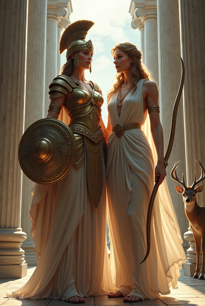 Create a detailed and majestic depiction of the Greek goddesses Athena and Artemis. Athena should be portrayed as the goddess of wisdom and warfare, wearing her iconic armor, including a helmet, and holding a shield with the symbol of the owl, representing wisdom. Artemis, the goddess of the hunt and the moon, should be shown with a bow and arrows, wearing a tunic, and accompanied by a stag or a moonlit backdrop. The scene should have a powerful, divine atmosphere, with both goddesses standing together in a mythical setting, like a sacred grove or a temple with marble columns. The lighting should highlight their divine aura, emphasizing their strong, yet graceful, presence.