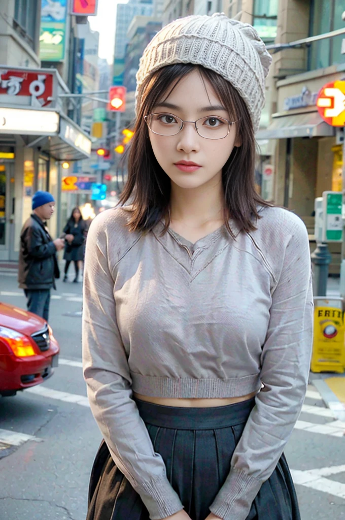 Photo of a beautiful woman standing on a street corner, (masterpiece:1.2, highest quality), (Realistic, photoRealistic:1.4), Beautiful illustrations, (Natural Side Lighting, Cinema Lighting), Written boundary depth, Beautiful thighs staring at the viewer, (((Face Focus, Upper Body))), 1 female, 30-year-old, alone, thin, slender, small breasts!!!, Loose curly hair, Bedhead, Forehead, thin, slender, (((Knit cap, glasses))), long sleeve hoodie, Skinny skirt, Are standing, New York 25th Street, portrait
