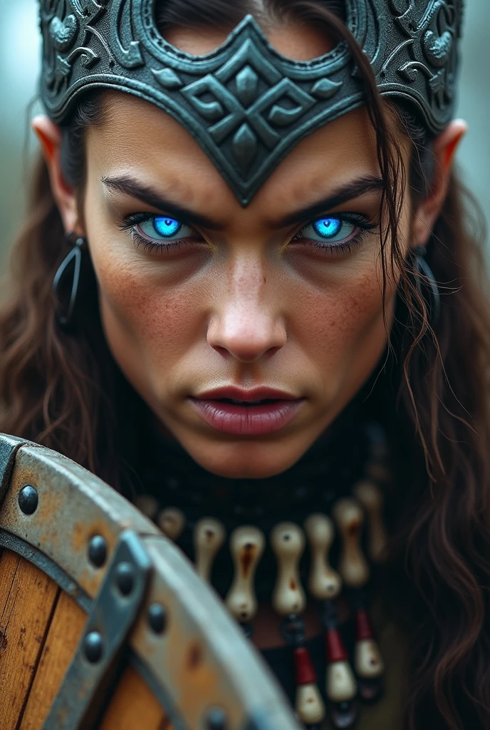 Close up face beautiful viking woman, wooden shield in hand , strong blue light in the eyes, crown of the goddess , tribal design on the eyes, Angry, bone ornaments on the neck, iron armor, with leather, focused