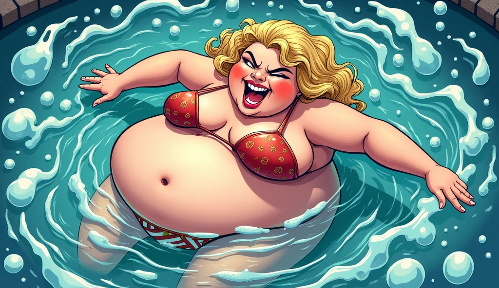 Beautiful morbidly obese blonde woman wearing a bikini swimming, winking, and gritting her teeth in a pool full of bubbles, comic book artstyle