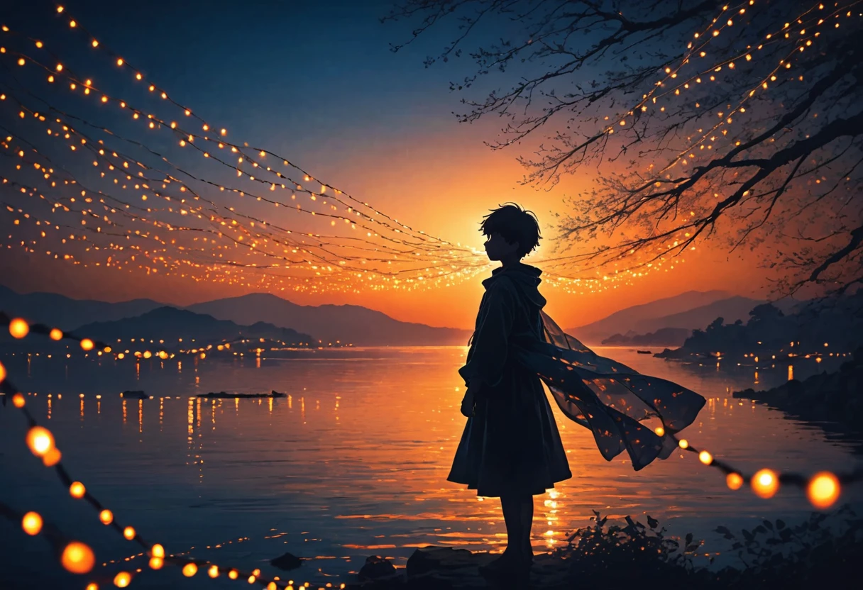 The image depicts the silhouette of a person standing against a stunning sunset backdrop. The sky transitions from a rich orange near the horizon to deep blue as it ascends. The person appears to be wrapped in a string of small, glowing fairy lights, with some of them lit up, creating an ethereal and captivating contrast against the dark silhouette. The person seems to be holding up one arm, perhaps adjusting or interacting with the lights. The overall mood of the image is peaceful and enchanting.boy