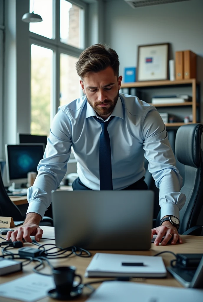 A focused IT technician carefully configuring a laptop, surrounded by cables and tools, in a well-lit office