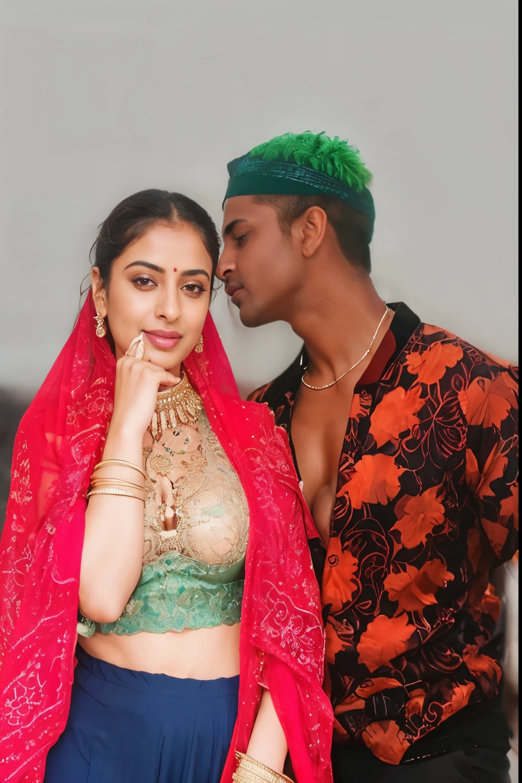 extreme close up photo of sexy mahie gill showing breasts to viewer from top view, swooping breasts, deep cleavage, look at viewer and subtle smile, seductive eyes, sultry, blue lace salwar, ponytail, 38 yo, HD, 4k, ultra high quality, (cinematic:1.3), intricate details, (ArtStation:1.2)
