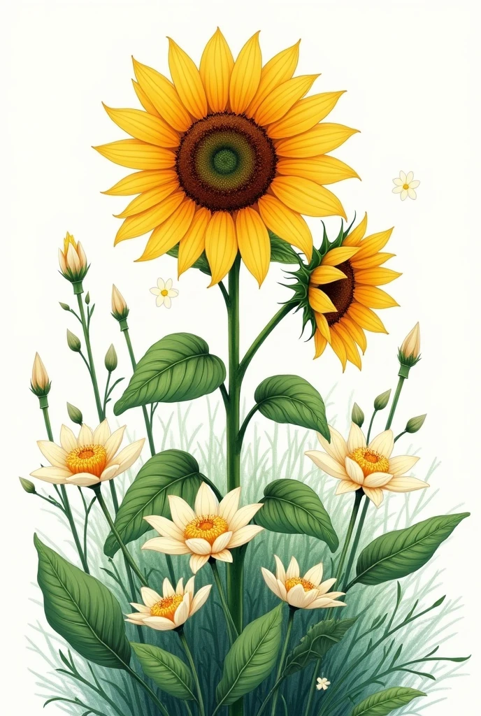 Sunflower drawing with sea lilies and leaves