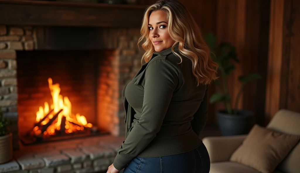 woman dressed in a tight jacket, is warming herself by the fireplace, striking a sensual pose, is standing, sticking her ass out, older woman, 60 years old, curvy, hot, voluminous body, cleavage, large breasts, approximately 50 years old, front image , looking for camera, posing, stunning, natural mature woman, average size, natural six-pack