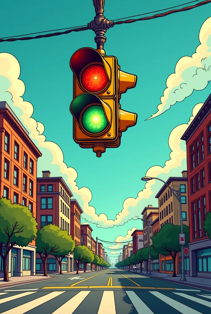 Classic hanging traffic light in comic drawing