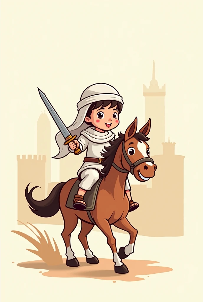 Arabian knight, child riding horse, cartoon drawing 2d drawing was outline, simple and funny , with Greenland Holding a sword in his hand
