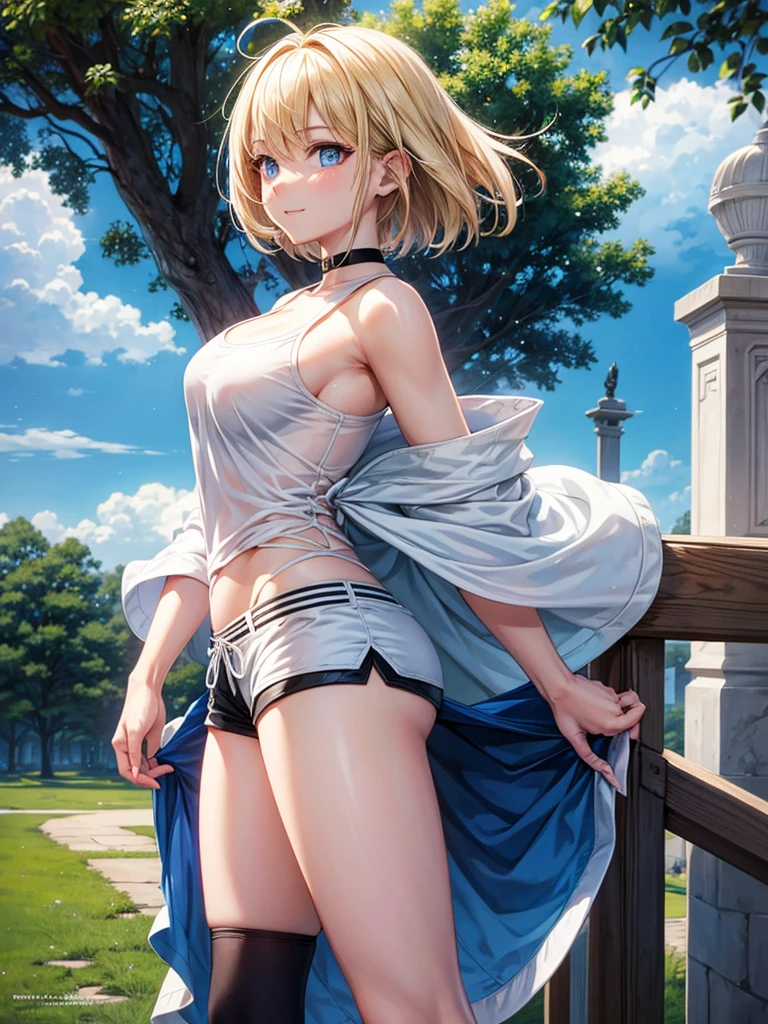 Anime style, super fine illustration, highly detailed, beautiful detailed, pale tone image, static representation, gentle expression, 8k, pretty 1girl with blonde straight short hair & blue eyes & a bright smile & big breasts & soft fair skin is wearing the black off shoulder neck summer knit & sportshorts & sportsjaket in the park, in the morning, in the brilliant particles of lights, romantic stories, solo, perfect 5fingers, perfect arms, perfect legs, masterpiece.