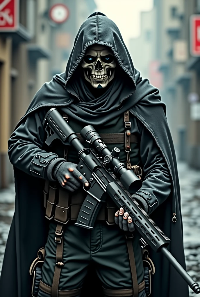 Soldier wearing black millitary fatigues with a ripped hooded cloak and a skull facial warpaint and holding an sniper rifle