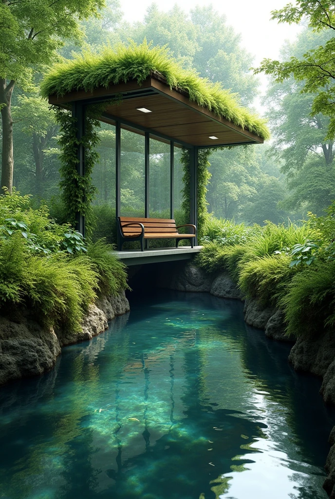 I need an underground pond where rainwater from a bus stop with a green roof will be stored.