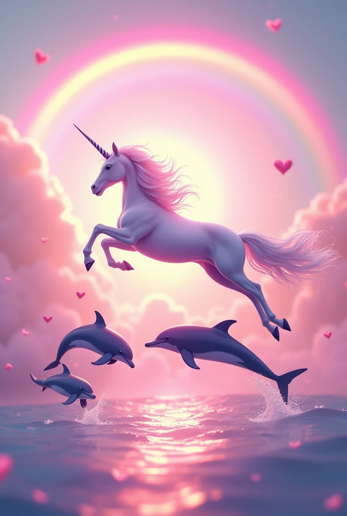 A unicorn jumping in the air but seen from the side and the dolphins are also jumping in the air with the pink sky and the sea and with a rainbow and hearts