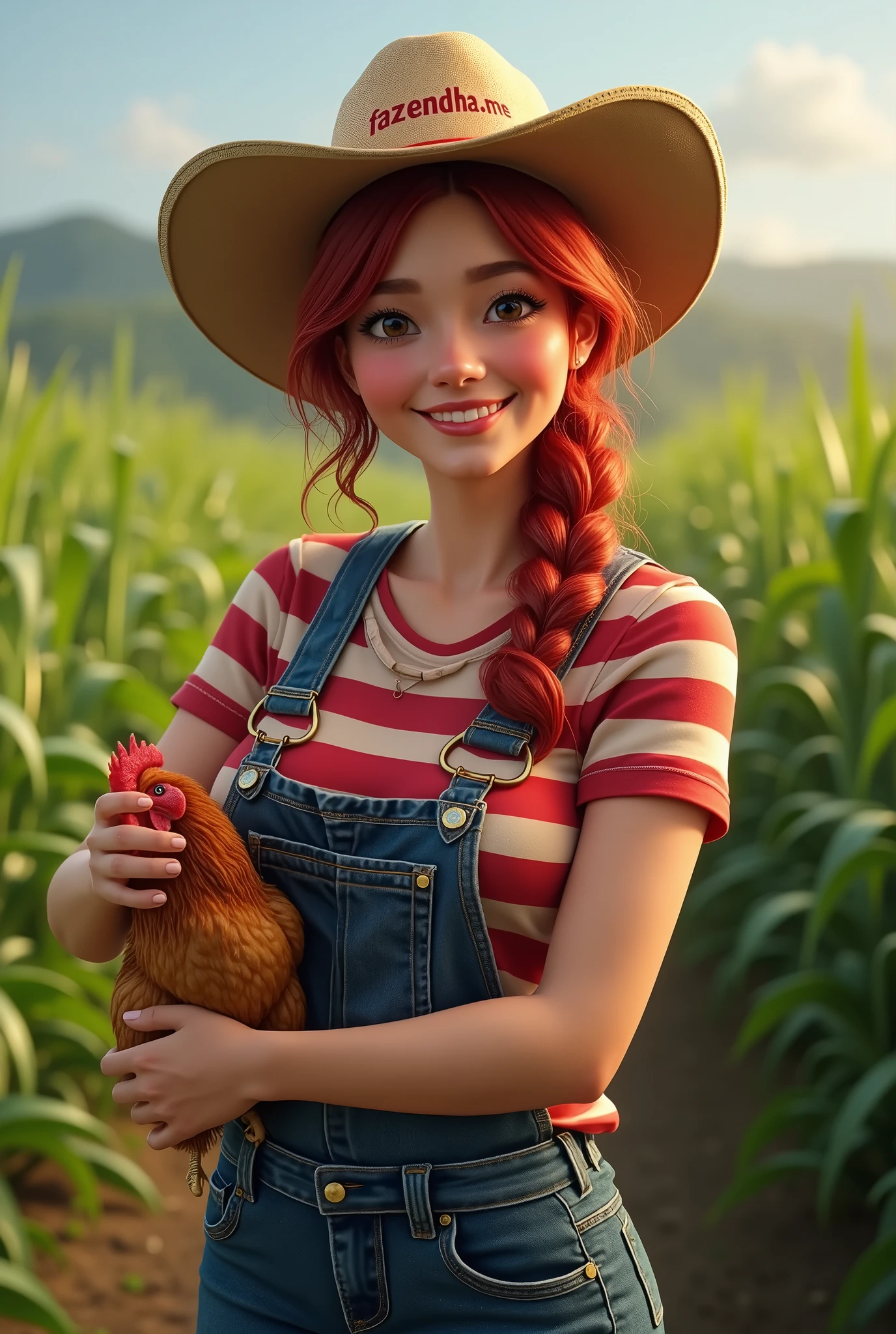 A red headed woman, around 21-2, just graduated in Agricultural engineering. She where's an overall with a t-shirt with red stripes on, she has a cowboy hat on with "fazendinha.me" logo on. She is holding a chicken, while she is standing up in a crop. She is Thin, she has dark eyes, and she is smiling. She is a latin young woman.
