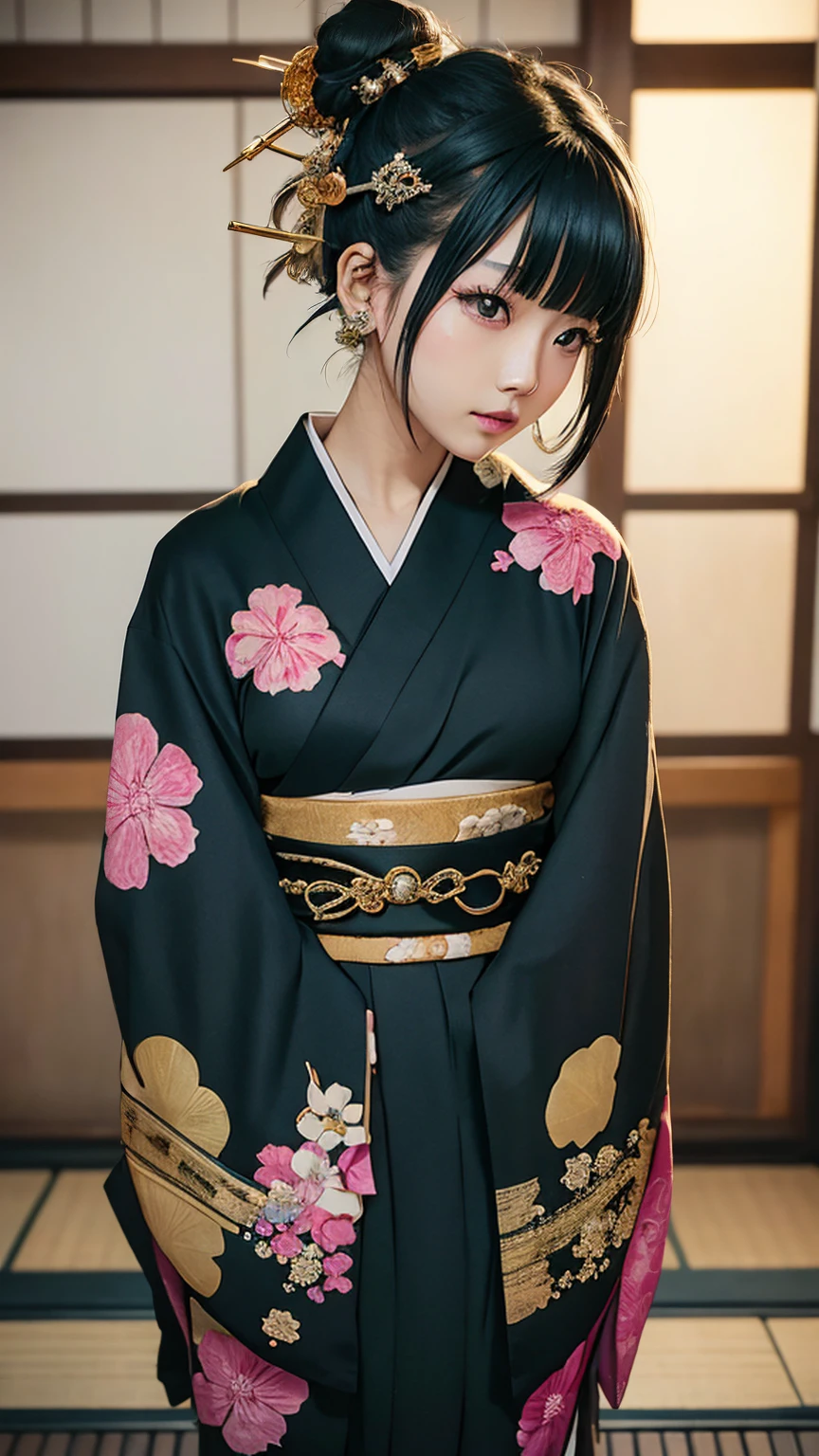 masterpiece, Highest quality, A solemn Japanese-style room with tatami mats, A large photograph of a woman from head to waist, Face from an angle, Chain-themed accessories, (Punk rock kimono, black地に赤＋gold:1.3), (black＋passion pink hair color, Mid-length hair, Bun Hair), (blackい瞳, Sparkling eyes), (Lots of eyelashes)