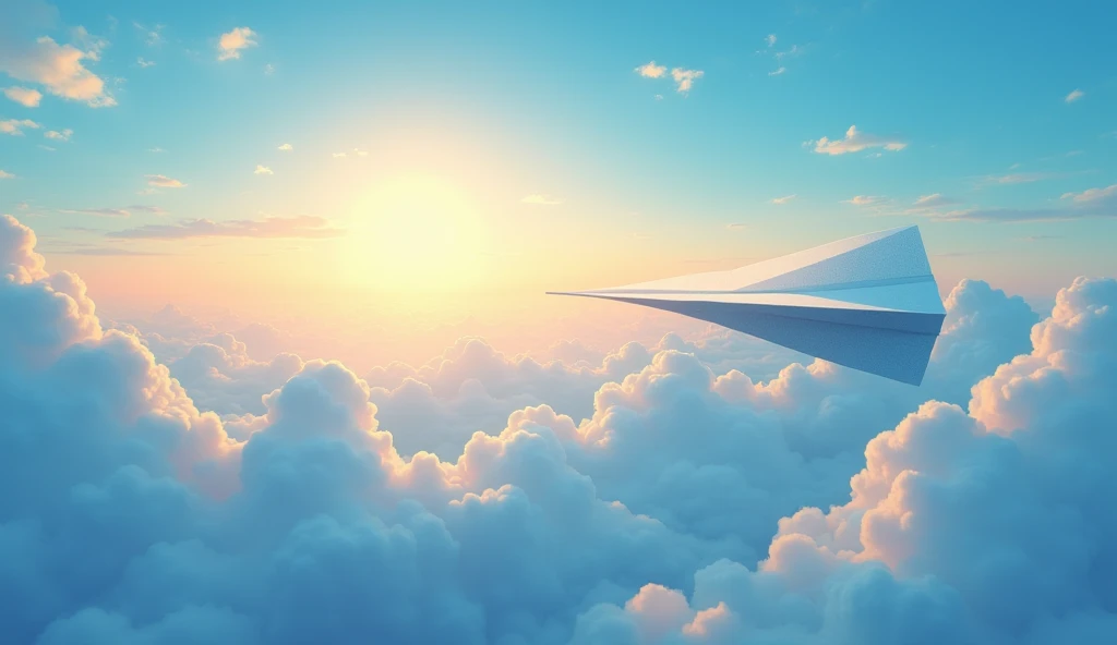An ultra-high-resolution animated illustration depicting a sky with a rising sun and a big paper airplane flying over blue clouds, viewed from above, displayed on a very wide screen.