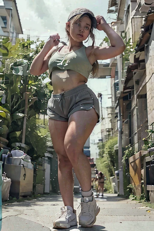 athletic , 175 cm tall, wearing baggy running shorts, baggy spaghetti strap crop top, sneakers, baby face,sweaty armpits, well-defined shoulders, sports cap, (full body view, plump breasts, underboob)