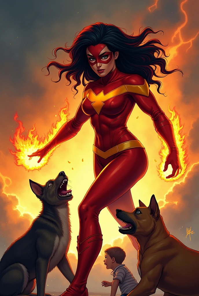 create a comic book cover that has a superhero on it, the superheroine has her red and orange outfit, black hair with red highlights, wear a mask, has the power of a fire extinguisher and is saving a frightened child and some injured animals, and the cover looks like the one in Captain America comics