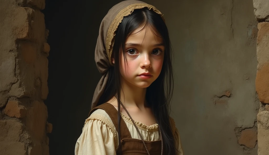 full body of a 1 peasant girl, black hair, black eyes, in French clothes of the Medja age