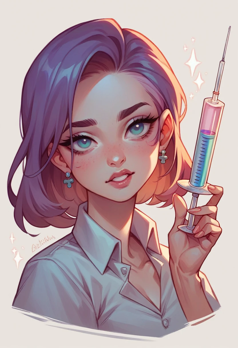 A face representing a botox procedure to be used as advertising in a beauty clinic, place a syringe in the corner of the left cheek