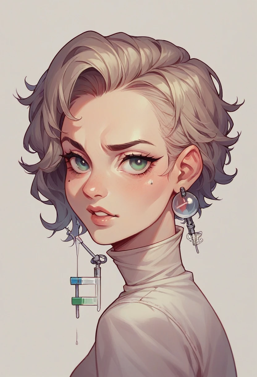 A face representing a botox procedure to be used as advertising in a beauty clinic, place a syringe in the corner of the left cheek