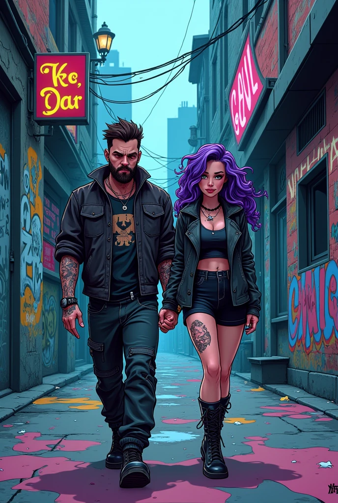 Create a punk cartoon image of a couple walking down a graffitied street, the hiphop style boy and the gothic style girl, that the design is a cyber punk illustration type but in caricature, the two tattooed and white with a serious and gloomy face, Like the illustrations of the band Gorillaz with a darker effect and like the illustration of Love Death and Robots in The Witness but not so cartoonish., si no mas estilo that is not realista, 90s type illustration and the girl with curly purple hair cyber punk anime type, that is not , dark anime for adults