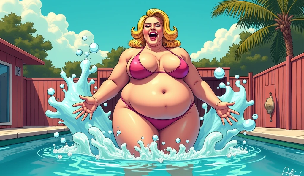 Beautiful morbidly obese blonde woman wearing a bikini filling a pool with bubbles with her farts, comic book artstyle