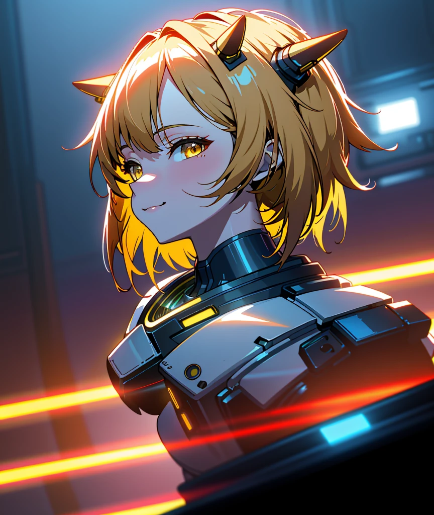 4K，tmasterpiece，A high resolution，absurderes，Natural volumetric lighting and optimal shadows，ssmile，Deep depth of field，Sharp focus，edgMechagirl，A woman in a futuristic outfit，futuristic armor，Wearing edgMechaGirl cyber_Armor，cow boy shot，Yellow hair，yellow eyes，