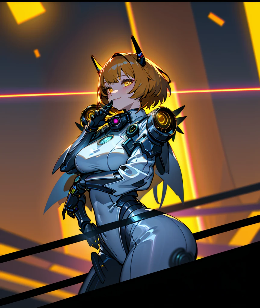 4K，tmasterpiece，A high resolution，absurderes，Natural volumetric lighting and optimal shadows，ssmile，Deep depth of field，Sharp focus，edgMechagirl，A woman in a futuristic outfit，futuristic armor，Wearing edgMechaGirl cyber_Armor，cow boy shot，Yellow hair，yellow eyes，