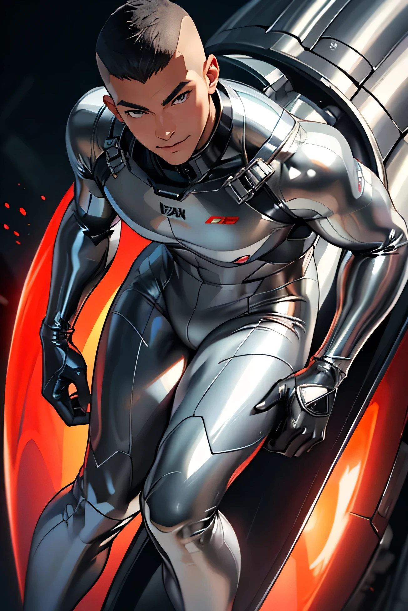 Handsome Japanese male models 2 smile Black Hair Short cut Short hair Shaved head looking at the camera Shiny full-body silver suit Shiny silver latex suit looking at the camera future world red planet Face close-up