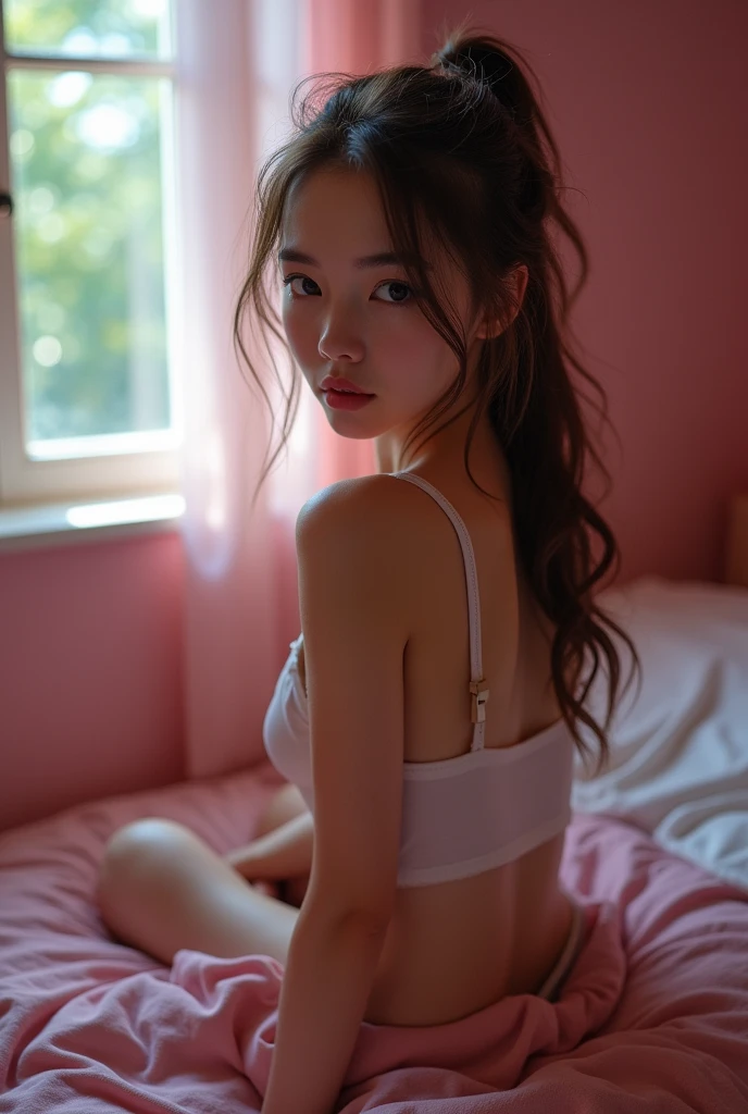 Skinny girl, thin, slim, pink bedroom, single bed, wardrobe, drawers, lamp, late evening, window, looking at camera, blue eyes, small, cute, sweet, nighttime, night, moonlight, realistic, nighttime, sat on edge of bed, smiling, smile, evil, naughty, seductive, brunette, camera looking down, looking up at camera, pale skin, very pale, 18, naked, nude, smiling, smile, mouth closed, cheek dimples, European, ponytail