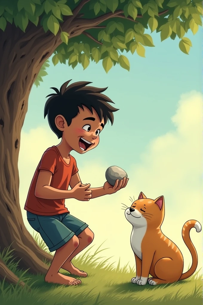One day, Dika saw a cat sleeping under a tree.. Just for fun, he threw a stone at the cat. The cat woke up and ran away in fear.. Dika laughed with satisfaction seeing the cat scared.. However, shortly after that, Dika felt his body was itching. He ran home, hoping his mother can help.