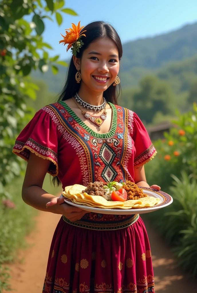 A woman in traditional Guatemalan dress with a plate of food in her right hand and the other hand on her waist
