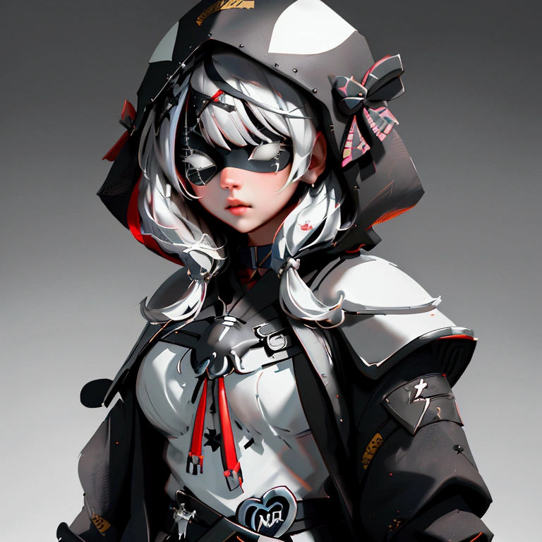 envision a 8k, highres, cinematic, beautiful close up portrait of a ninja girl with pretty features posing with a katana with white multicolored hair, a white camisole, black jacket with hood up with light armor plates, katana's on her back, black eye mask with white eyes , against a dark gray background