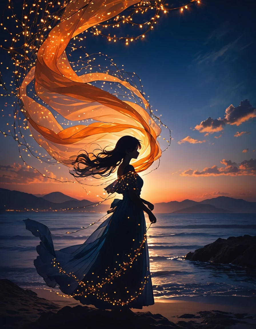 The image depicts the silhouette of a person standing against a stunning sunset backdrop. The sky transitions from a rich orange near the horizon to deep blue as it ascends. The person appears to be wrapped in a string of small, glowing fairy lights, with some of them lit up, creating an ethereal and captivating contrast against the dark silhouette. The person seems to be holding up one arm, perhaps adjusting or interacting with the lights. The overall mood of the image is peaceful and enchanting.