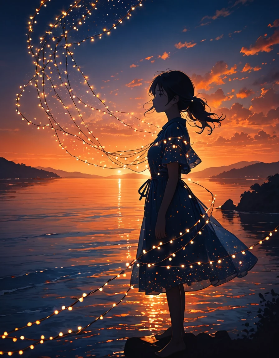The image depicts the silhouette of a person standing against a stunning sunset backdrop. The sky transitions from a rich orange near the horizon to deep blue as it ascends. The person appears to be wrapped in a string of small, glowing fairy lights, with some of them lit up, creating an ethereal and captivating contrast against the dark silhouette. The person seems to be holding up one arm, perhaps adjusting or interacting with the lights. The overall mood of the image is peaceful and enchanting.