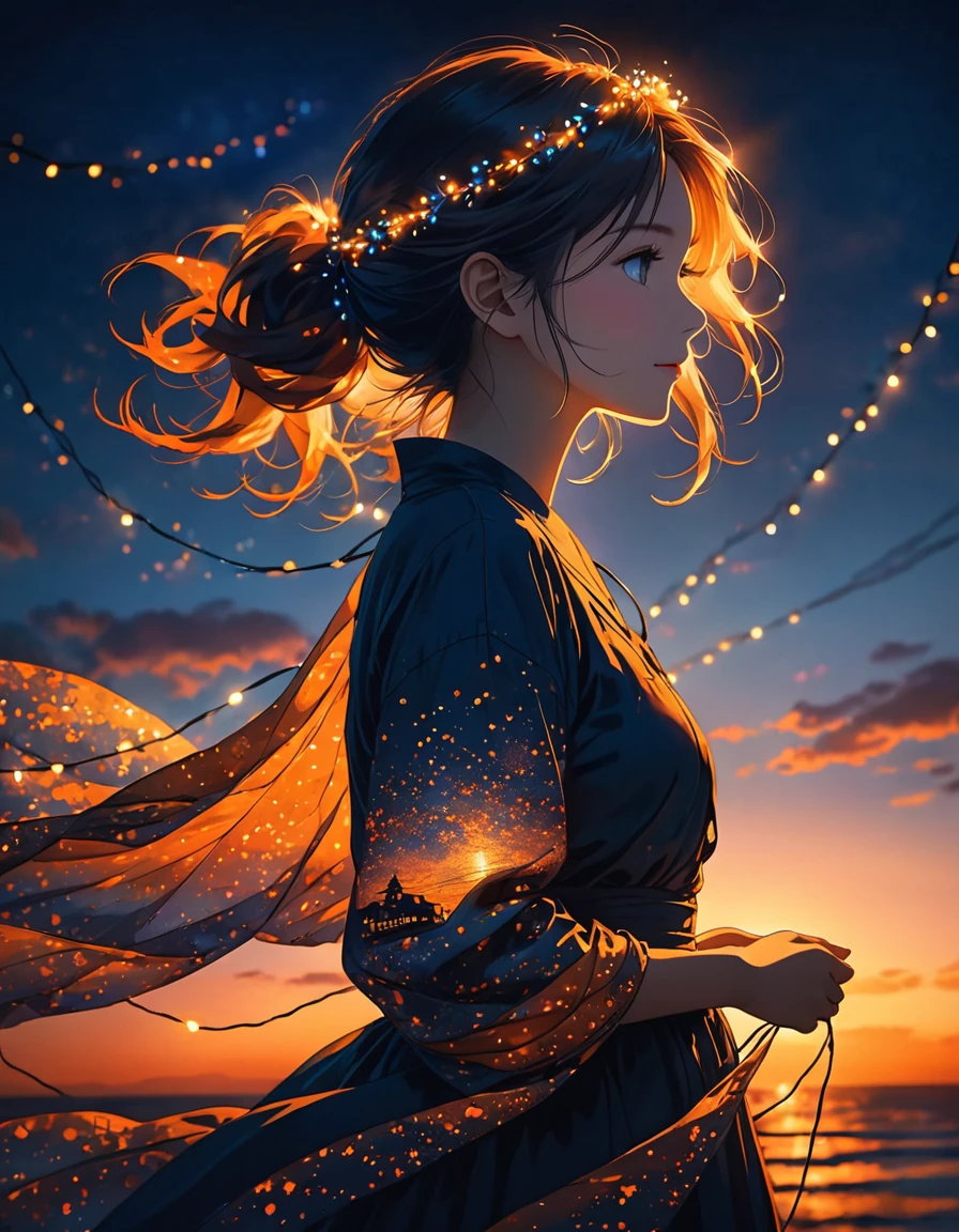 The image depicts the silhouette of a person standing against a stunning sunset backdrop. The sky transitions from a rich orange near the horizon to deep blue as it ascends. The person appears to be wrapped in a string of small, glowing fairy lights, with some of them lit up, creating an ethereal and captivating contrast against the dark silhouette. The person seems to be holding up one arm, perhaps adjusting or interacting with the lights. The overall mood of the image is peaceful and enchanting.