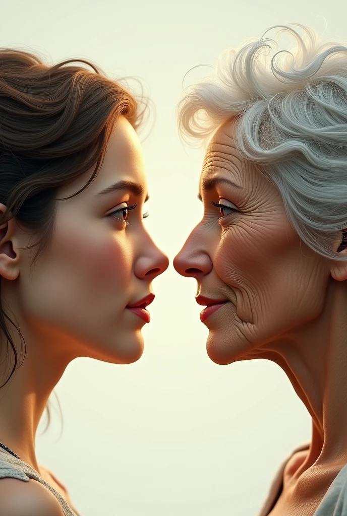 female face in profile facing each other, the two identical, in the meantime one aged and the other with red sunburns