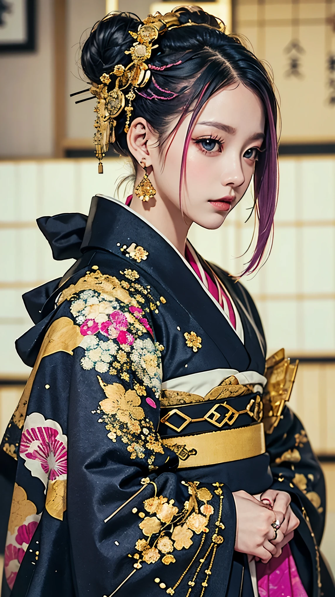 masterpiece, Highest quality, A solemn Japanese-style room with tatami mats, A large photograph of a woman from head to waist, Face from an angle, Chain-themed accessories, (Punk rock kimono, black地に赤＋gold:1.3), (black＋passion pink hair color, Mid-length hair, Bun Hair), (blackい瞳, Sparkling eyes), (Lots of eyelashes)