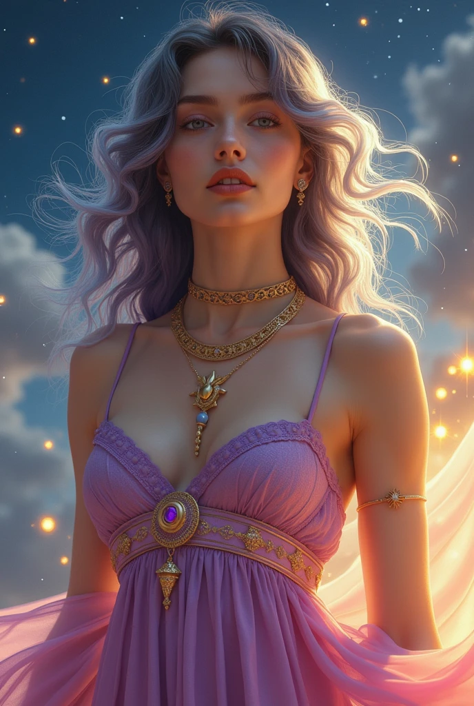 1 20-year-old girl, 1 goddess Athena, purple pink silk dress, beautiful goddess Athena's face without blemishes, sexy thin yellow nightgown, long thin nightgown of saint with many evocative black lace details feel, saint goddess legend, saint female icon, elegant glitter beautiful saint style, dark and mysterious version, holy woman crown, vermilion lips, thin and beautiful lips, don't smile, keep your mouth shut again, character created by karol bak and pino daeni, intricate detail, detailed background, extremely detailed, light magic, (unblemished pure face: 1.9), holy woman body, breasts round, big and round breasts, phoenix brooch, long hair with flat bangs, (Hair is 7 colors like a rainbow: 1.9), a beautiful face in detail and well-proportioned eyes, (transparent yellow eyes: 1.8), (big round eyes and very nice and detailed makeup: 1.8), meticulous makeup, long silk nightgown, mysterious makeup, Bracelet, bangs and dyed light blonde, upper body , (the saint's upper body) : 1.8), drooping arms, Realistic and vivid images, (stars that make up the sky: 1.7), (the sky of heaven and the fictional gates of time and space: 1.8) , fictional art, RAW photo, hanfu photo, best photo, high resolution, best quality, best photo, 8k quality, 8k ultra, surreal, best real life photo, foot art female saint image, 1 saint female icon in the background, single female saint portrait, most realistic color scheme, best photo color, masterpiece, hair decoration, necklace, jewelry, beautiful face, upper body, brand tyndall effect, real photo, dark studio, border light, two tone light, (pinky white skin: 1.4), (high skin detail: 1.1), 8k uhd, dslr , soft light, high quality, light volume, frank, Photo , high resolution, 4k quality, super 8k, Bokeh, Smooth and sharp, 10x pixel increase, sexy goddess, sexy goddess, (background space: 1 ,8), (galaxy: 1.7 ) ), aurora, lightning, (Aurora Background: 1.8), big, white, uncovered breasts