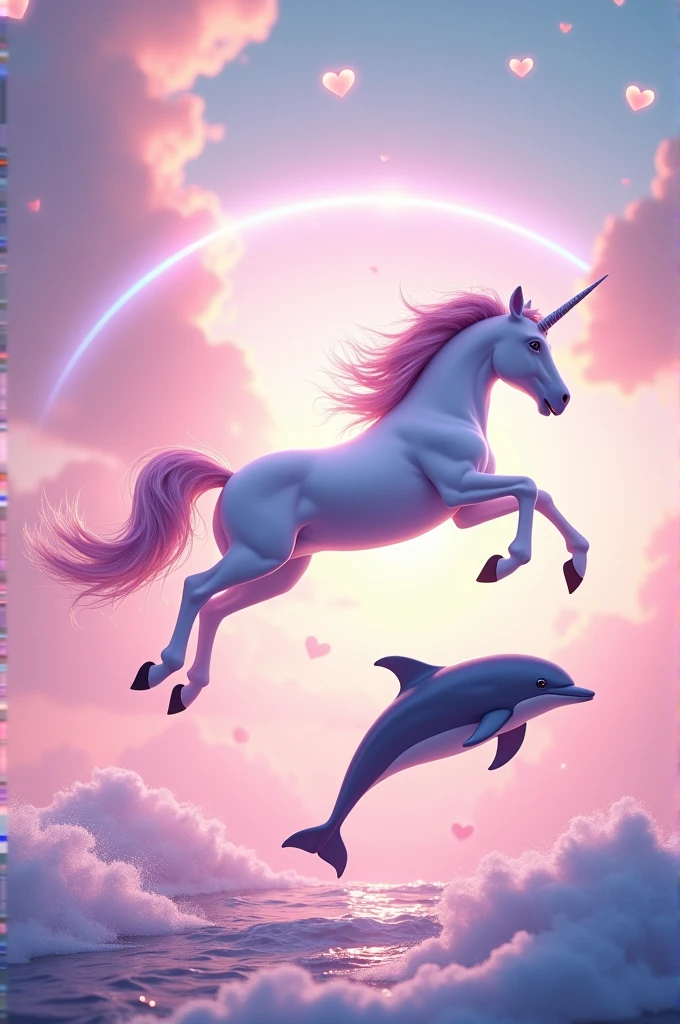 A unicorn jumping in the air but seen from the side and the dolphins are also jumping in the air with the pink sky and the sea and with a rainbow and hearts