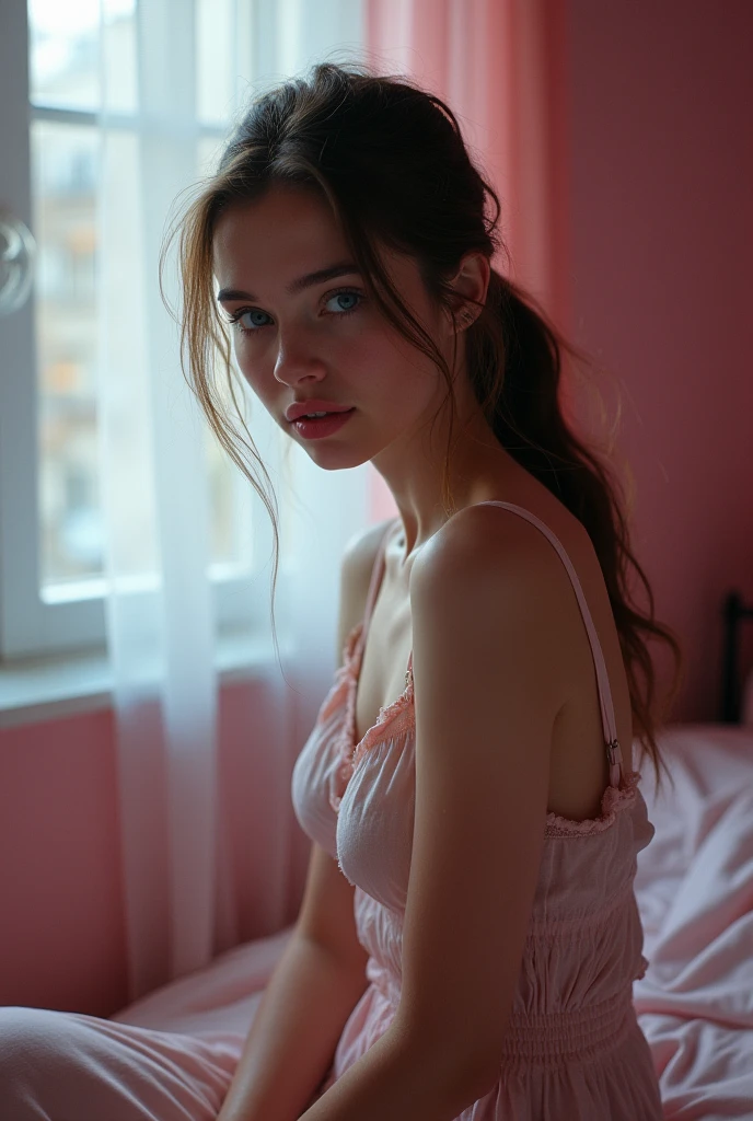 Skinny girl, thin, slim, pink bedroom, single bed, wardrobe, drawers, lamp, late evening, window, looking at camera, blue eyes, small, cute, sweet, nighttime, night, moonlight, realistic, nighttime, sat on edge of bed, smiling, smile, evil, naughty, seductive, brunette, camera looking down, looking up at camera, pale skin, very pale, 18, naked, nude, smiling, smile, mouth closed, cheek dimples, European, ponytail
