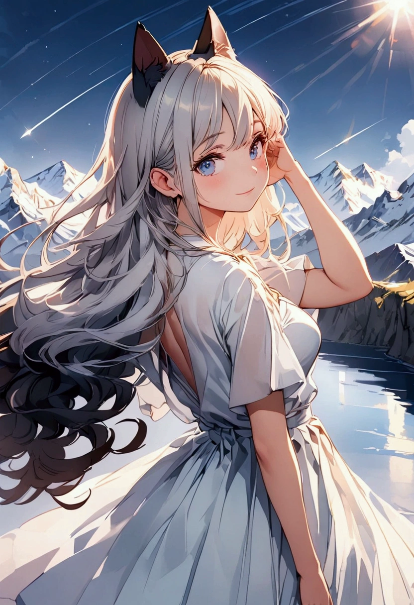 woman, Calm expression, Captivating eyes, Blue Eyes, Wavy long hair, Grey Hair, Black cat ears, Kemomimi, loose fitting dress, Calm posture, Touching your ears with your hands, Porcelain-like skin, A faint blush, (Rim Light:1.2), Warm tones, Solar flare, Soft Shadows, Vibrant colors, Painterly effect, Very detailed, Official Art, 8k wallpaper
, Dancing in the middle of the lake ,BREAK (Anatomically Modified), healthy thin legs, Look here, A distant view, Back view, Snow Mountain, Night Sky, shooting star